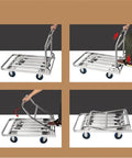 Heavy Duty Foldable Platform Push Cart With Smooth Rolling Rubber Wheels And Slick Stainless Steel Frame in four folding steps.