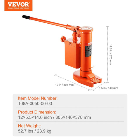 Heavy Duty Hydraulic Toe Jack 10 Ton Lift Capacity with 360 swivel body, showing dimensions 12x5.5x14.6 inch, ideal for auto shops.