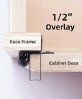Close-up of Half Inch Overlay Brushed Nickel Cabinet Hinges on face frame and cabinet door, showing 1/2 inch overlay detail.