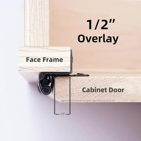 Close-up of Half Inch Overlay Brushed Nickel Cabinet Hinges on face frame and cabinet door, showing 1/2 inch overlay detail.