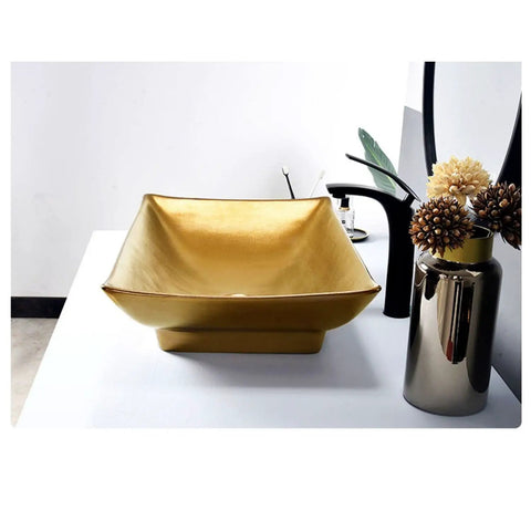 Next Level Golden Ceramic Vessel Sink For Above Counter Bathroom Vanity, Killer Artistic Wash Basin with smooth shiny gold finish.