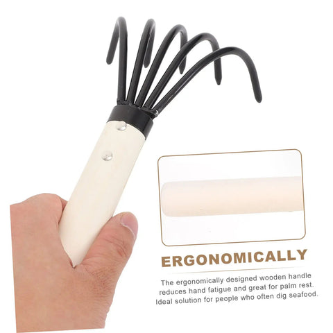 Close-up of wooden handle clam rake with non-slip grip, part of 2 Pack Clam Rake With Handle For Beachside Digging Portable Seafood Tool