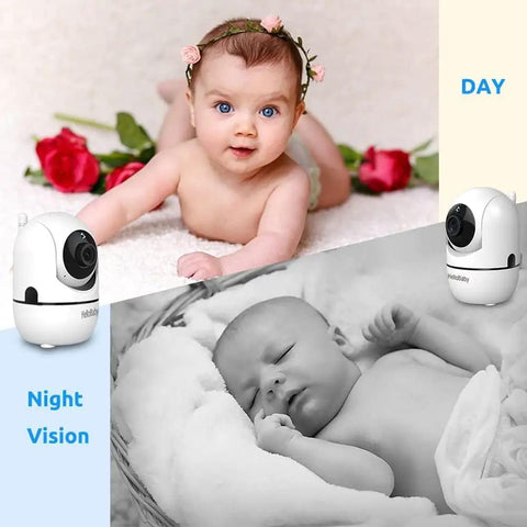 Super Crisp 5 Inch No WiFi Baby Monitor Featuring Dual Pan Tilt Zoom Lenses And Rock Solid Two Way Audio on display with baby.