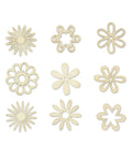 Mini laser-cut wood flower shapes, 9 pieces shown, 1-inch across, natural wood color
