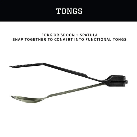 ComplEAT Camping Utensils Set For Outdoor Cooking With Fork Spoon Tongs Spatula And Four Function Multi Tool Ultra Lightweight Backpacking Cookware Kit In Flat Sage featuring tongs configuration