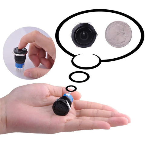 Latching Pushbutton Switch U19C1 1NO1NC SPDT On Off Metal Shell With Blue LED showing size comparison with a quarter