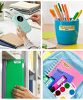 Portable Bluetooth Label Maker D30 With Three Tapes White Gold Clear shown in use at home and office with notebooks and containers.