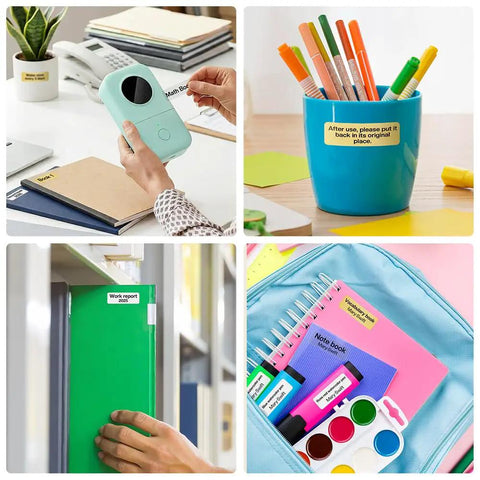 Portable Bluetooth Label Maker D30 With Three Tapes White Gold Clear shown in use at home and office with notebooks and containers.