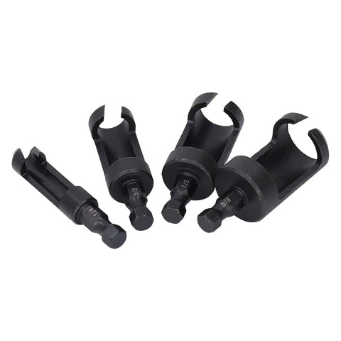Top Shelf 4 Piece Wood Plug Cutter Drill Bit Set With Quarter Inch Hex Shank For Quarter Half Three Eighth Five Eighths Inch Plugs cork wood cutter bits.