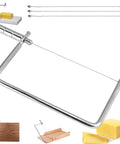 Top Shelf Seven Inch Cheese Slicer Kit With Copper And Stainless Steel Build Including Three Extra Wires Built Different Gift For Kitchen Entertaining Killer Smooth Cuts Every Single Time, showing tools and cheese.
