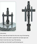 Universal Internal Bearing Puller Tool Kit Fits Motorcycles Cars Bikes 8mm To 29mm Range With Secure Non Slip Grip For Removal Of Bearings For Mechanics Or Diy Guys Who Get Job Done Fast Without Hassle Using Quality Gear That Holds Firm. Black steel internal bearing puller shown removing a bearing