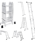 12.5 Foot Multi Purpose Folding Ladder For Home Roof RV And Painting, All In One 7 In 1 Aluminum Collapsible Extension Ladder With Large Joints, Adjustable Step Ladder, Lightweight And Rust Resistant, shown folded and extended