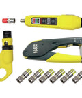 Coax Install And Test Kit With Crimp Tool, Tester, Stripper And Universal F Connectors displayed on white background