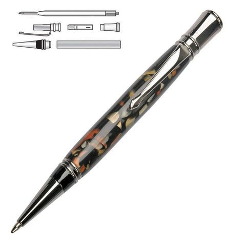Executive Twist Ballpoint Pen Kit Starter Package For Woodturning Projects, hardware parts and assembled pen close-up