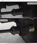 Before and after truck brake bushing removal with Beefed-Up Pneumatic Anchor Pin Bushing Driver Tool Kit 1-3/8 Inch For Trucks And Trailers, Quick Removal And Installation Of Stuck Pins, Heavy-Duty Brake System Maintenance, Fast Work And Repairs.