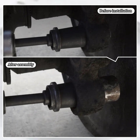 Before and after truck brake bushing removal with Beefed-Up Pneumatic Anchor Pin Bushing Driver Tool Kit 1-3/8 Inch For Trucks And Trailers, Quick Removal And Installation Of Stuck Pins, Heavy-Duty Brake System Maintenance, Fast Work And Repairs.