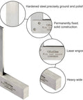Machinist square, hardened steel, 4 x 2.5 in wide-seat right-angle ruler with laser engraving.