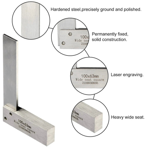 Machinist square, hardened steel, 4 x 2.5 in wide-seat right-angle ruler with laser engraving.