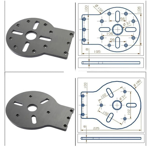 Adjustable Router Guide Rail Compatible With Electric Circular Saw For No Sweat Precision Trimming And Dang Straight Cuts On Pro Grade Diy Woodworking Projects close-up of metal mounting plate with holes and technical drawings.