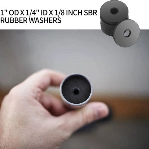 Hand holding a 110 Piece Rubber Flat Washer Kit Tough As Nails Heavy Duty One Inch Outer Diameter Quarter Inch Inner Diameter Eighth Inch Thick Black Fender Washer.