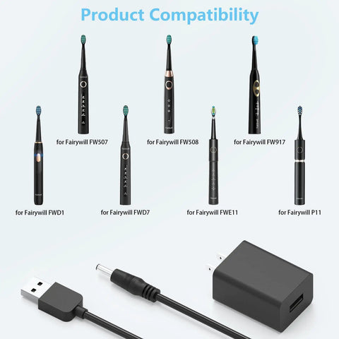 Universal USB Toothbrush Charger For Fairywill FWD1 FWD3 FWD7 power cable with plug and USB-A connector shown with compatible toothbrushes.
