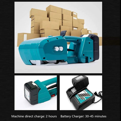 Heavy Duty Portable Electric Strapping Machine With High Capacity Battery powers automatic hot melt sealing with battery charger.