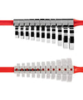 Half Inch Drive Crowfoot Wrench Set With Key 11 Piece Sizes 17 To 32 Mm, arranged on red holder, steel construction, top view