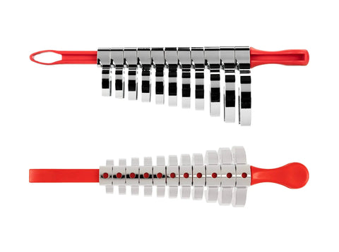 Half Inch Drive Crowfoot Wrench Set With Key 11 Piece Sizes 17 To 32 Mm, arranged on red holder, steel construction, top view