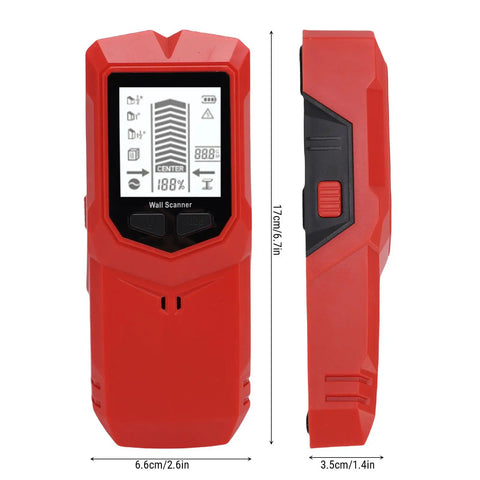 RiToEasysports Stud Finder with LCD Display, 3 Depth Settings in red, front and side view, showing screen and buttons.