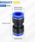 10 Pack Go-To Pneumatic Straight Fittings 0.55 in x 0.55 in Tube OD Plastic Union, size diagram, 48.5mm length