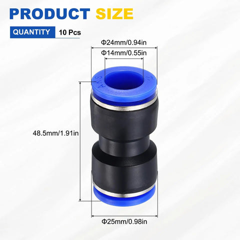10 Pack Go-To Pneumatic Straight Fittings 0.55 in x 0.55 in Tube OD Plastic Union, size diagram, 48.5mm length
