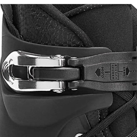 Close-up of M12 UFC Inline Skates For Adults buckle, showing durable high-grade shell and memory buckle for secure fit.