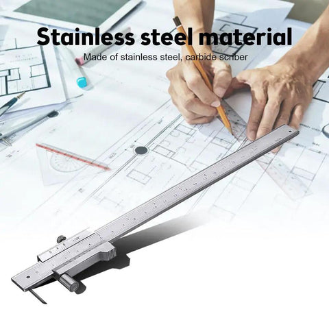 Rock Solid Eight Inch Stainless Scribe Calipers With Replaceable Carbide Tip And Utility Pouch For No Nonsense Layouts On Demanding Job Sites Featuring Exact Dual Scale Readouts And Non Slip Grip on architectural drawings.
