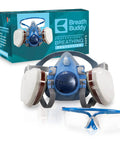 Pro Grade Half Mask Respirator With Reusable Filters And Safety Glasses For Dust Pollen And Organic Vapor Protection Includes Cartridges And Extra Filters For Heavy Duty Breathing with box packaging visible, showcasing the complete kit.