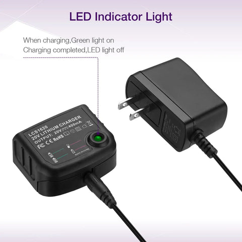 16V-20V Lithium Ion Battery Charger Replacement For 16V-20V Tool Batteries with LED indicator light and plug view