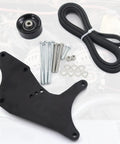 No Drama Hardened Dual Alternator Bracket Kit For Chevy GM Trucks 1999-2013 with black pulley, drive belt, and hardware.