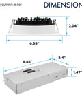 Dimensions of Sleek Square Trim 5 Inch LED Recessed Light Canless Mini Panel Adjustable 5CCT with sizes indicated.