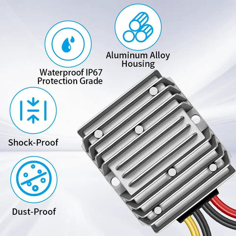 Tough As Nails DC Step Down Voltage Converter 48V To 12V 20A 240W Regulator with IP67 waterproof aluminum housing.