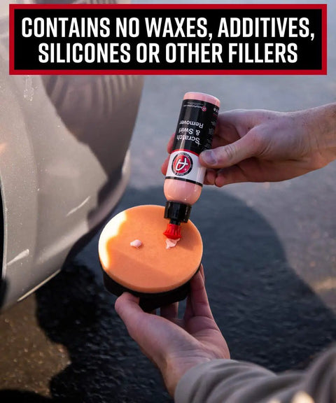 Applying Scratch And Swirl Remover Hand Correction Kit For Cars with Orange Compound Pad near vehicle