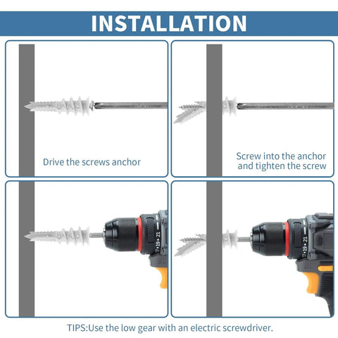 Installation guide for Heavy Duty Self Drilling Drywall Anchor Screw Kit showing screw anchor and driver in action.