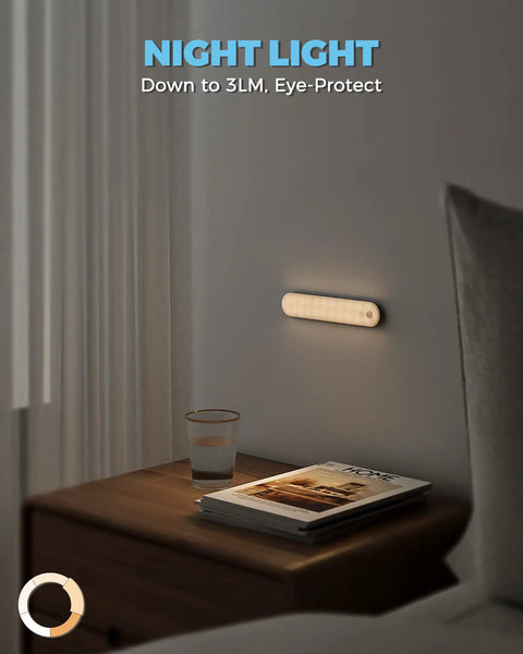 Motion Sensor Indoor LED Light For Cabinets And Pantry, dim glow, mounted on bedroom wall, highlighting nightstand items