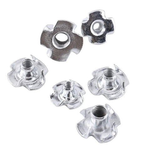 Heavy Duty Carbon Steel M3 M4 Four Prong T Nuts Blind Inserts for wood furniture, rust-resistant zinc plated fasteners, set of six