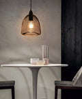 Battery Powered Hanging Light With Retro Black Metal Mesh Shade Edison Bulb, Six Hour Timer, above round table setup indoors