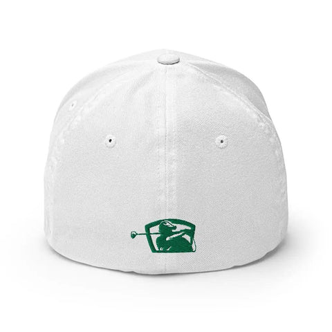 Back view of Mexico Inspired White Fun Golf Hat For Men And Women No Sabo Golf Style Cap showing golfer logo detail.