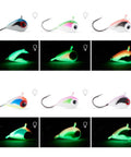 Glow Paint Tungsten Ice Fishing Jigs 6 Pack for Winter Crappie and Bluegill, glow-in-the-dark and daylight visible, side view.
