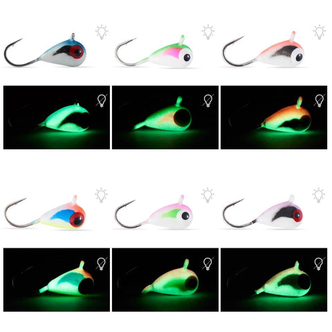 Glow Paint Tungsten Ice Fishing Jigs 6 Pack for Winter Crappie and Bluegill, glow-in-the-dark and daylight visible, side view.