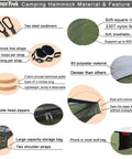 Camping Hammock With Mosquito Net And Rain Fly Tarp features, including 230T nylon fabric, carabiners, straps, and storage bag.