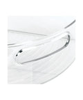 Close-up of handle on Clear Plastic Lazy Susan Cabinet Storage Bins Set Of 4 Quarter Wedge Containers for kitchen use, BPA-free