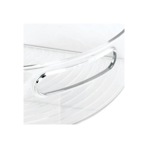 Close-up of handle on Clear Plastic Lazy Susan Cabinet Storage Bins Set Of 4 Quarter Wedge Containers for kitchen use, BPA-free