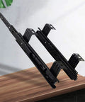 Heavy Duty Under Desk Keyboard Slide Full Extension Telescopic Track Rail showing black rails on wooden surface, designed for smooth operation.